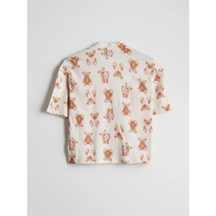 LCW Young Ekru Gömlek Yaka Ayı Baskılı Kadın Şortlu Pijama Takımı