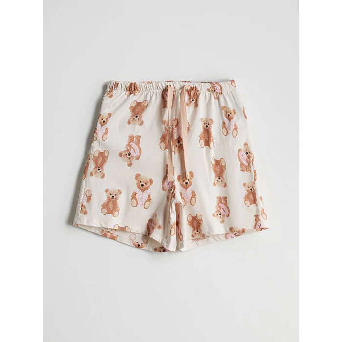 LCW Young Ekru Gömlek Yaka Ayı Baskılı Kadın Şortlu Pijama Takımı