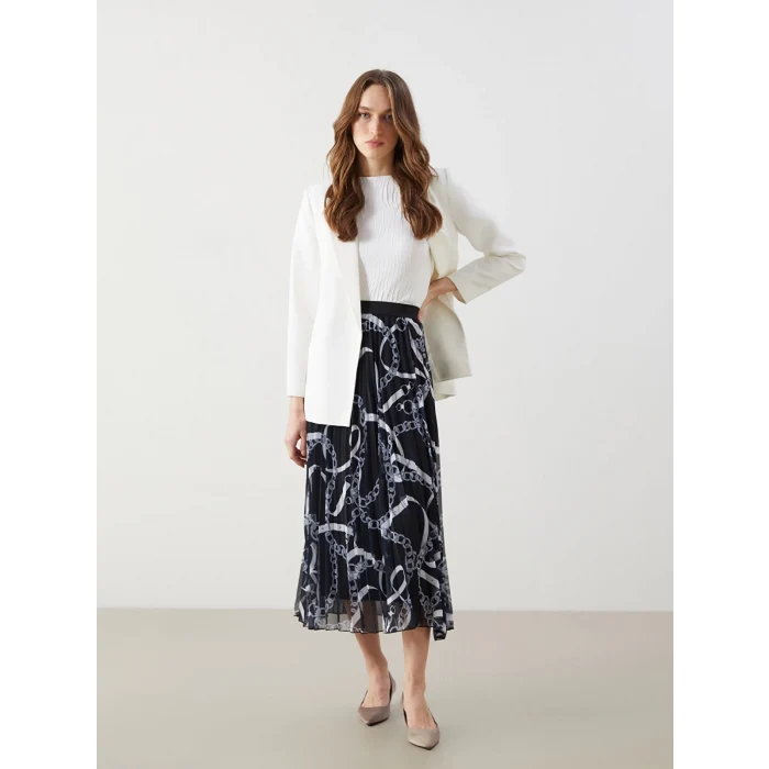 LCW Modest Siyah Beli Lastikli Desenli Şifon Kadın Pileli Etek