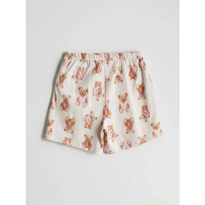 LCW Young Ekru Gömlek Yaka Ayı Baskılı Kadın Şortlu Pijama Takımı