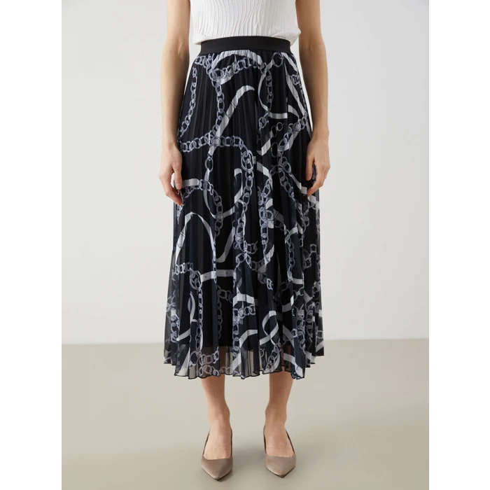 LCW Modest Siyah Beli Lastikli Desenli Şifon Kadın Pileli Etek