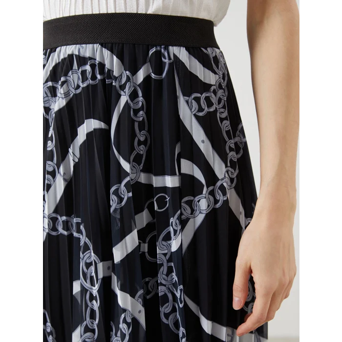 LCW Modest Siyah Beli Lastikli Desenli Şifon Kadın Pileli Etek