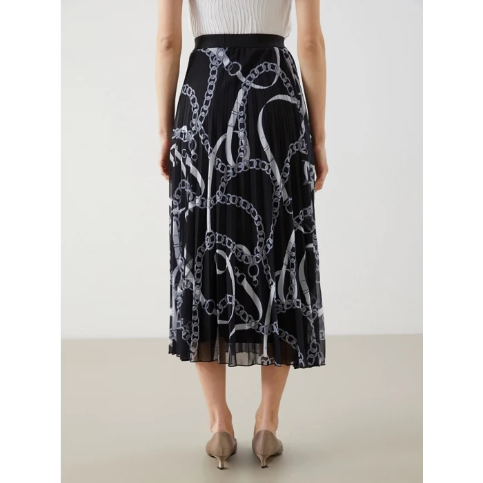 LCW Modest Siyah Beli Lastikli Desenli Şifon Kadın Pileli Etek