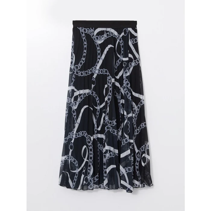 LCW Modest Siyah Beli Lastikli Desenli Şifon Kadın Pileli Etek