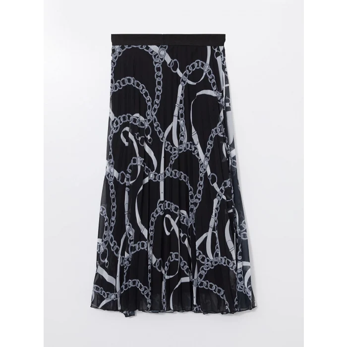 LCW Modest Siyah Beli Lastikli Desenli Şifon Kadın Pileli Etek