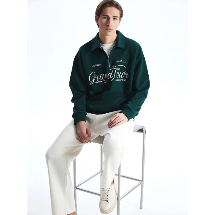 XSIDE Yeşil Dik Yaka Uzun Kollu Baskılı Erkek Sweatshirt