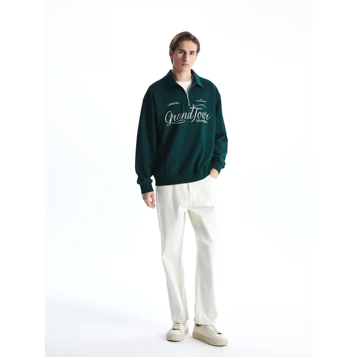 XSIDE Yeşil Dik Yaka Uzun Kollu Baskılı Erkek Sweatshirt