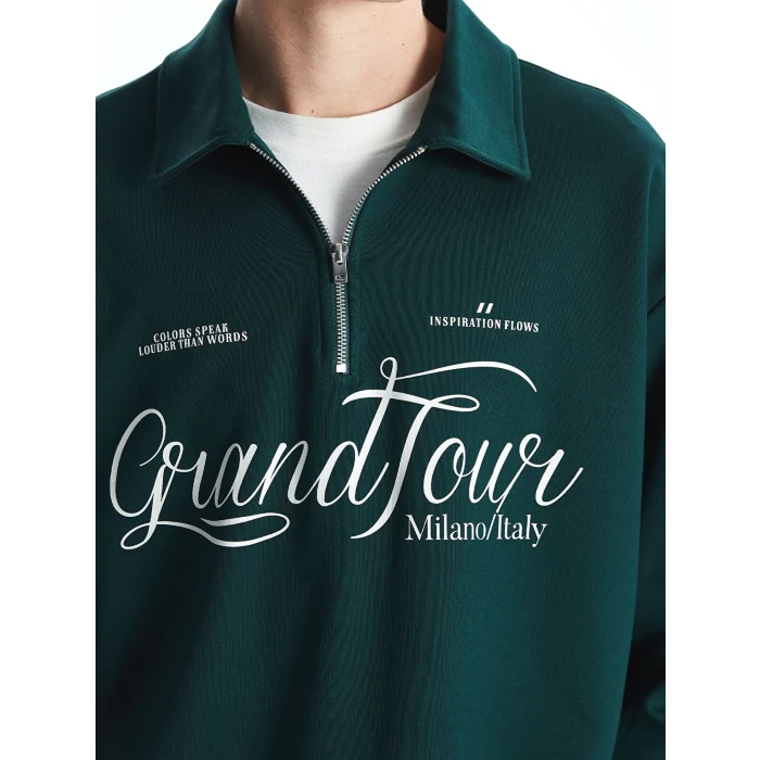 XSIDE Yeşil Dik Yaka Uzun Kollu Baskılı Erkek Sweatshirt