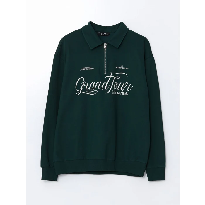 XSIDE Yeşil Dik Yaka Uzun Kollu Baskılı Erkek Sweatshirt