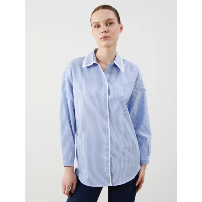 LCW Modest Ekru Çizgili Oversize Poplin Kadın Gömlek Tunik