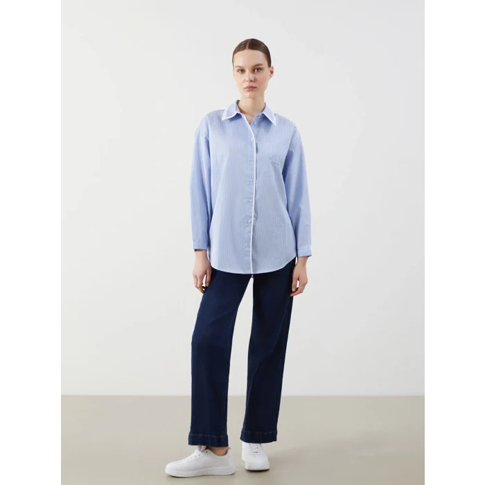 LCW Modest Ekru Çizgili Oversize Poplin Kadın Gömlek Tunik
