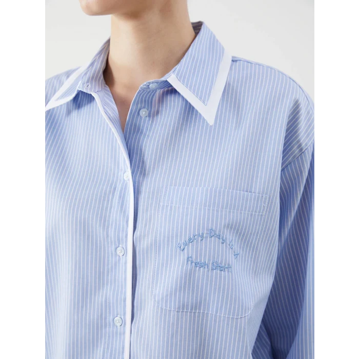 LCW Modest Ekru Çizgili Oversize Poplin Kadın Gömlek Tunik