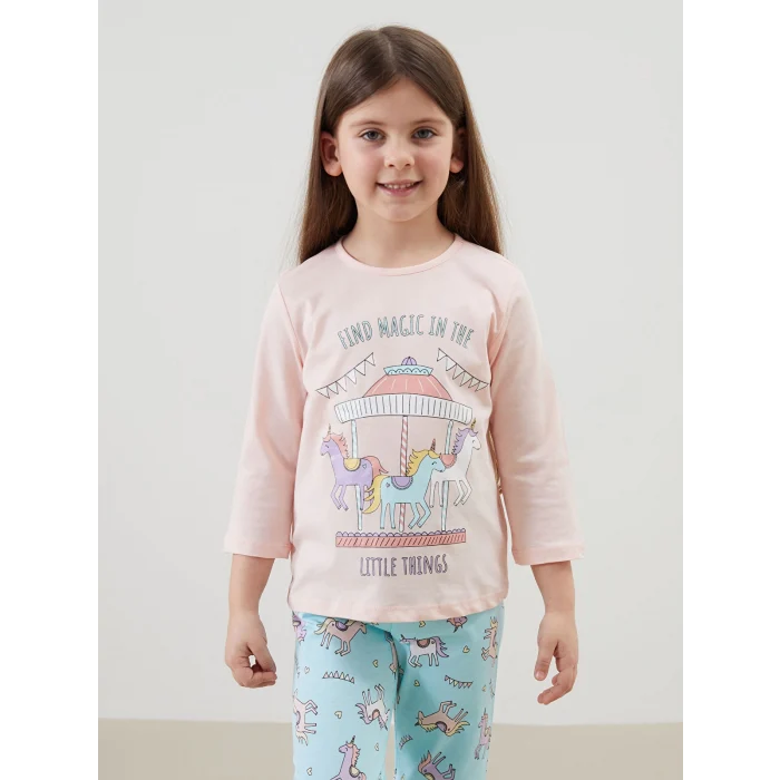 LCW Kids Pembe Bisiklet Yaka Baskılı Kız Çocuk Pijama Takımı