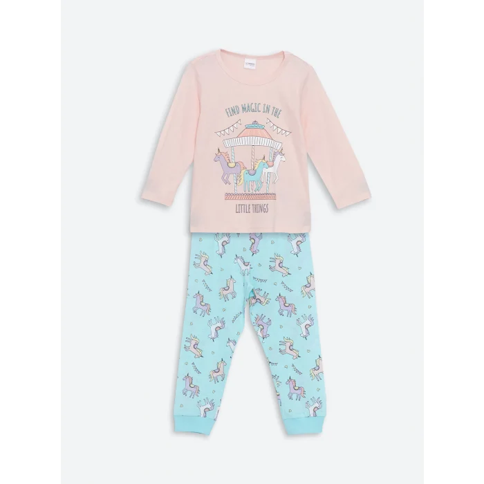 LCW Kids Pembe Bisiklet Yaka Baskılı Kız Çocuk Pijama Takımı