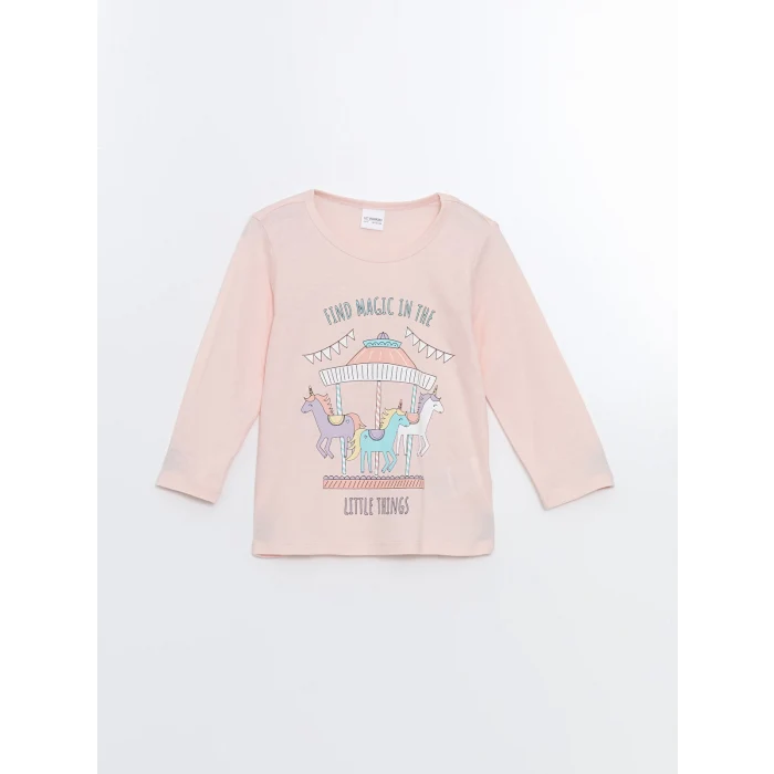 LCW Kids Pembe Bisiklet Yaka Baskılı Kız Çocuk Pijama Takımı