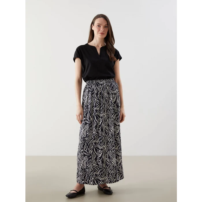 LCW Grace Lacivert Beli Lastikli Desenli Kadın Etek