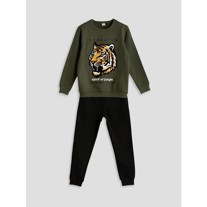 LCW Kids Yeşil Bisiklet Yaka Kaplan Baskılı Erkek Çocuk Eşofman Takımı