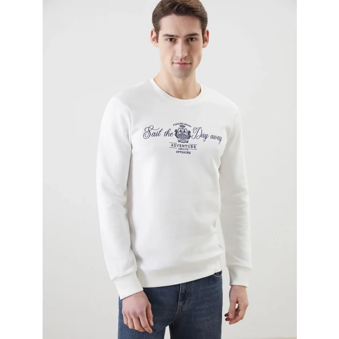 LCWAIKIKI Classic Ekru Bisiklet Yaka Baskılı Erkek Kalın Sweatshirt