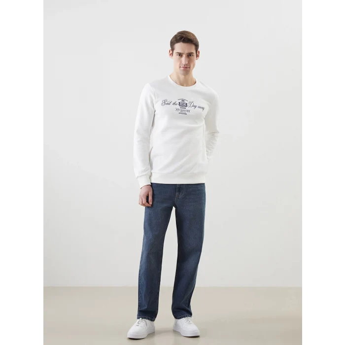 LCWAIKIKI Classic Ekru Bisiklet Yaka Baskılı Erkek Kalın Sweatshirt