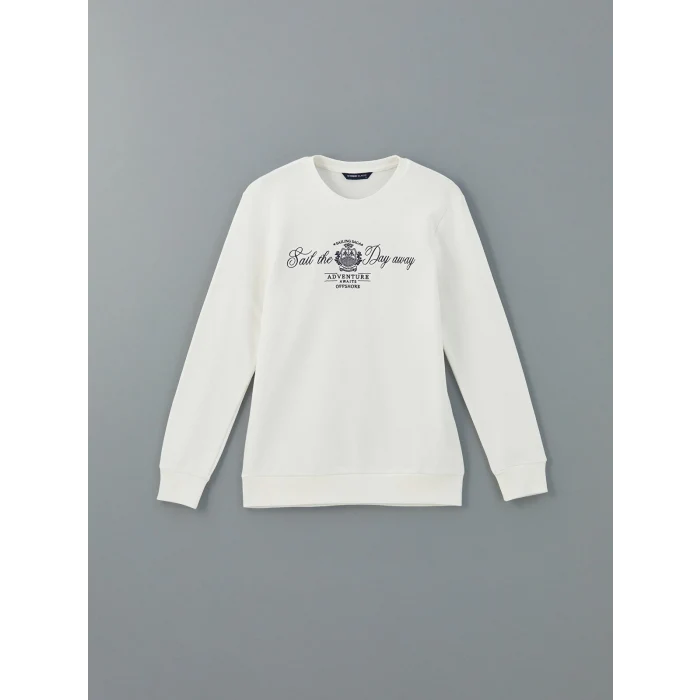 LCWAIKIKI Classic Ekru Bisiklet Yaka Baskılı Erkek Kalın Sweatshirt