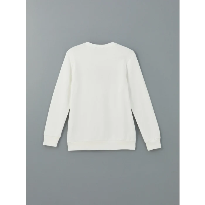 LCWAIKIKI Classic Ekru Bisiklet Yaka Baskılı Erkek Kalın Sweatshirt