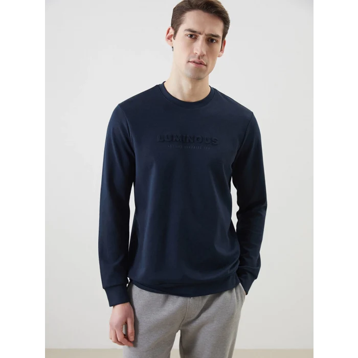 LCWAIKIKI Classic Lacivert Bisiklet Yaka Uzun Kollu Baskılı Erkek Sweatshirt