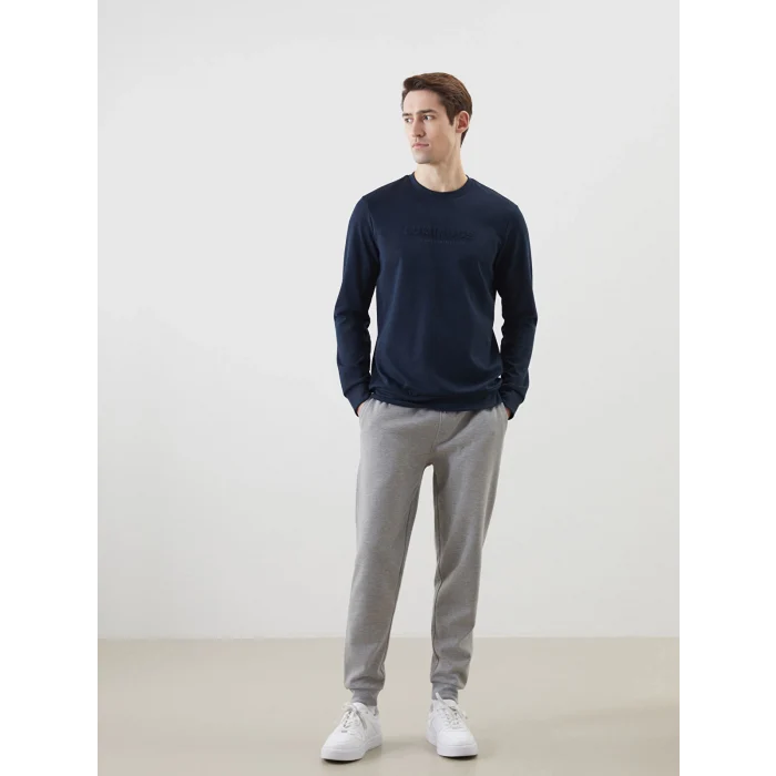 LCWAIKIKI Classic Lacivert Bisiklet Yaka Uzun Kollu Baskılı Erkek Sweatshirt