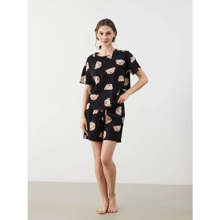 LCW Young Siyah Bisiklet Yaka Ayı Baskılı Kadın Şortlu Pijama Takımı