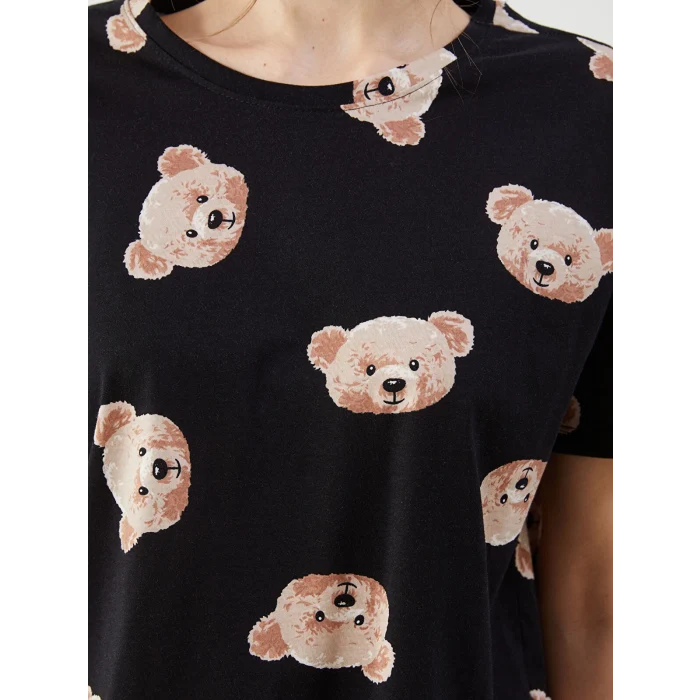 LCW Young Siyah Bisiklet Yaka Ayı Baskılı Kadın Şortlu Pijama Takımı