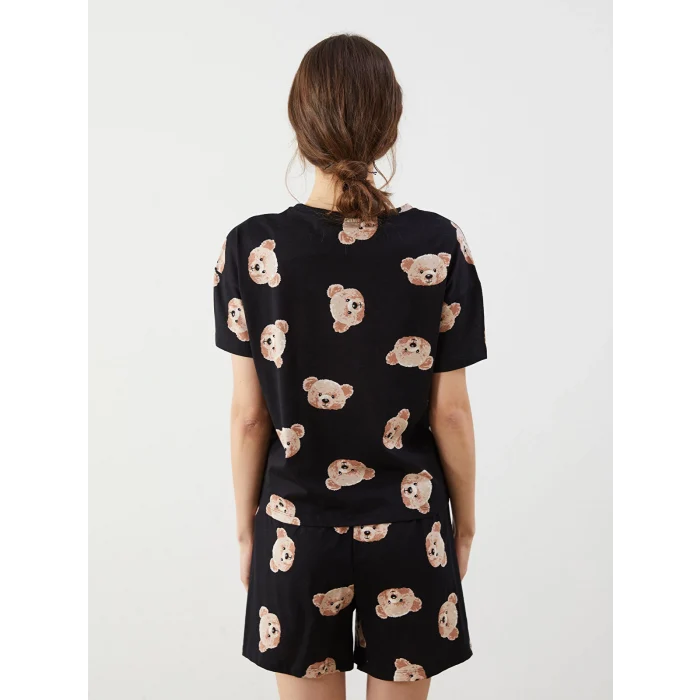 LCW Young Siyah Bisiklet Yaka Ayı Baskılı Kadın Şortlu Pijama Takımı