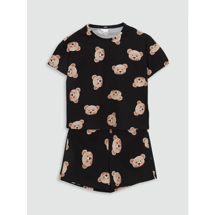 LCW Young Siyah Bisiklet Yaka Ayı Baskılı Kadın Şortlu Pijama Takımı