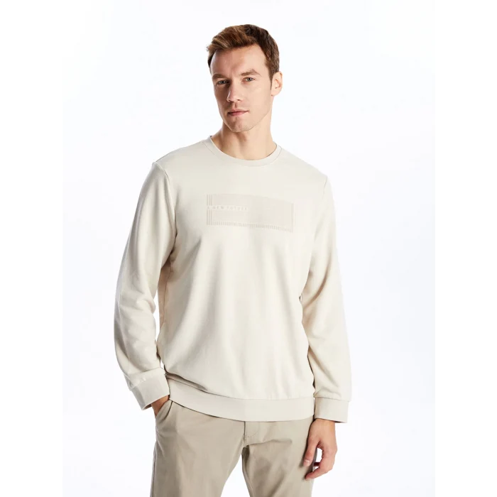 LCWAIKIKI Classic Bej Bisiklet Yaka Uzun Kollu Baskılı Erkek Sweatshirt