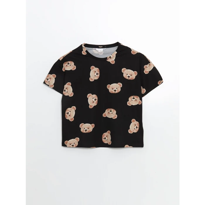 LCW Young Siyah Bisiklet Yaka Ayı Baskılı Kadın Şortlu Pijama Takımı