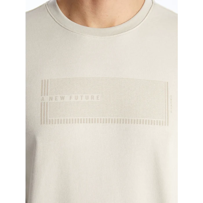 LCWAIKIKI Classic Bej Bisiklet Yaka Uzun Kollu Baskılı Erkek Sweatshirt