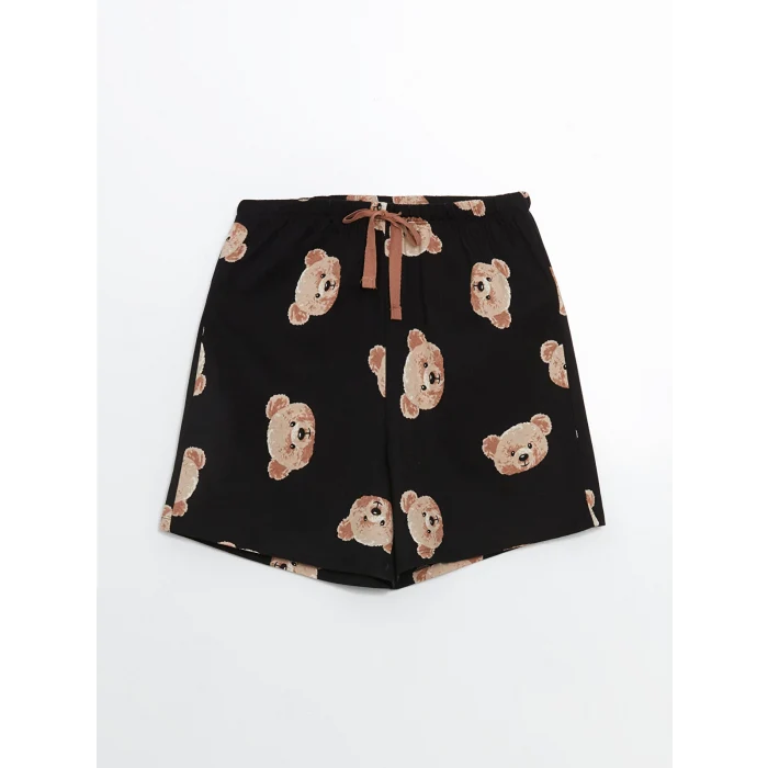 LCW Young Siyah Bisiklet Yaka Ayı Baskılı Kadın Şortlu Pijama Takımı