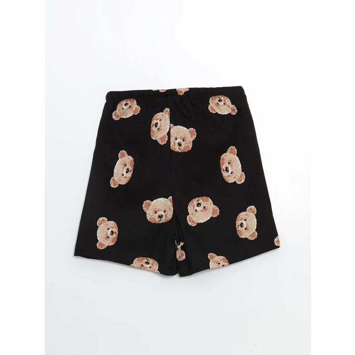 LCW Young Siyah Bisiklet Yaka Ayı Baskılı Kadın Şortlu Pijama Takımı