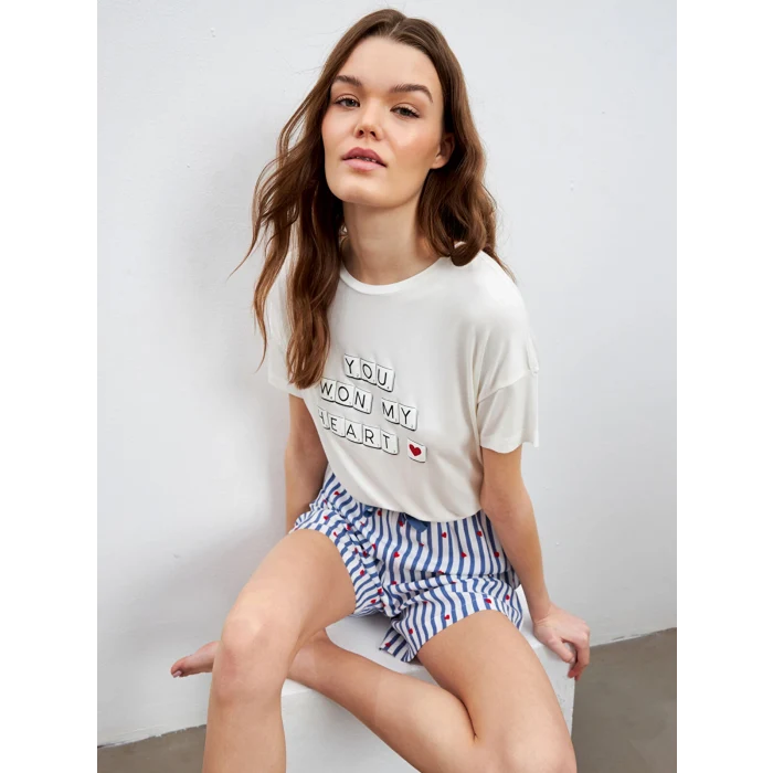 LCW DREAM Indigo Bisiklet Yaka Baskılı Kadın Şortlu Pijama Takımı