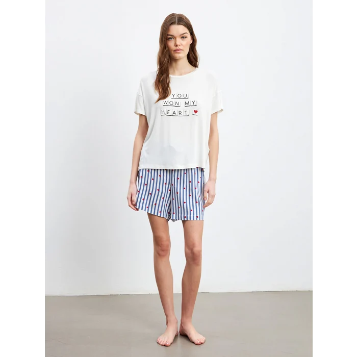 LCW DREAM Indigo Bisiklet Yaka Baskılı Kadın Şortlu Pijama Takımı