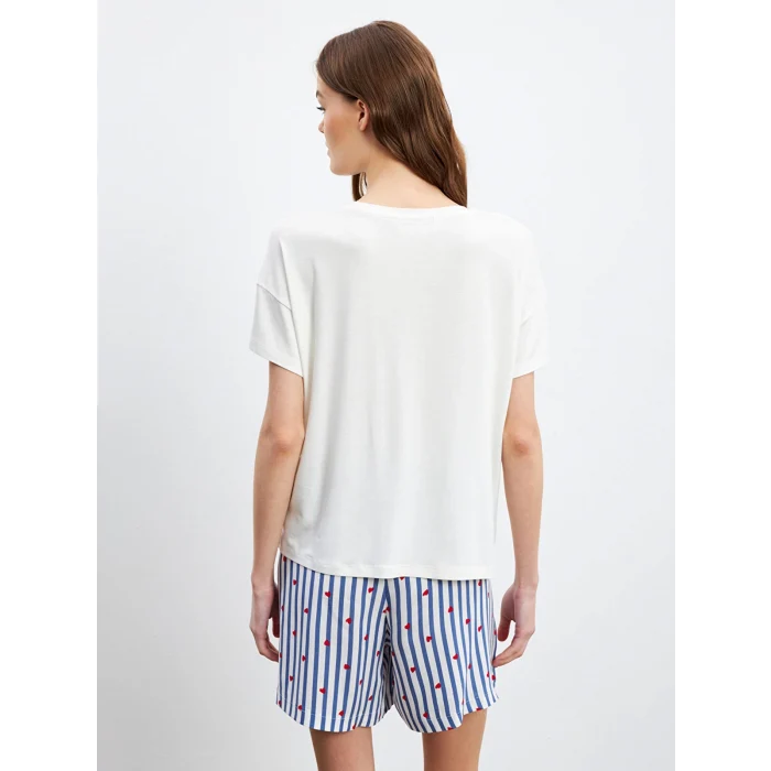 LCW DREAM Indigo Bisiklet Yaka Baskılı Kadın Şortlu Pijama Takımı