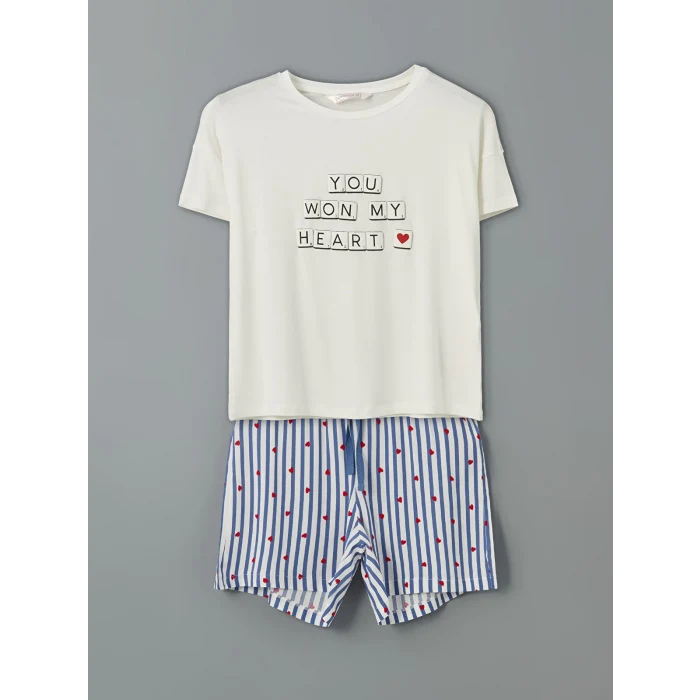 LCW DREAM Indigo Bisiklet Yaka Baskılı Kadın Şortlu Pijama Takımı