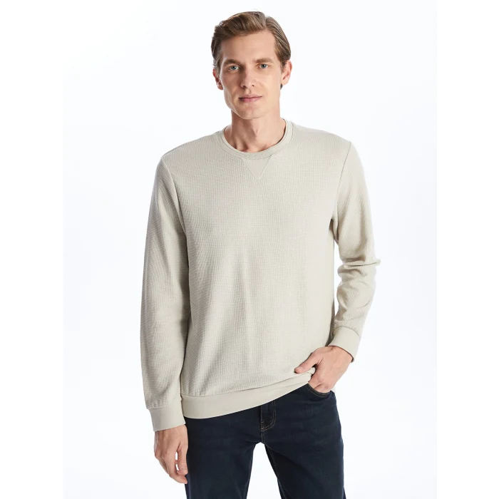 LCWAIKIKI Classic Bej Bisiklet Yaka Uzun Kollu Erkek Sweatshirt