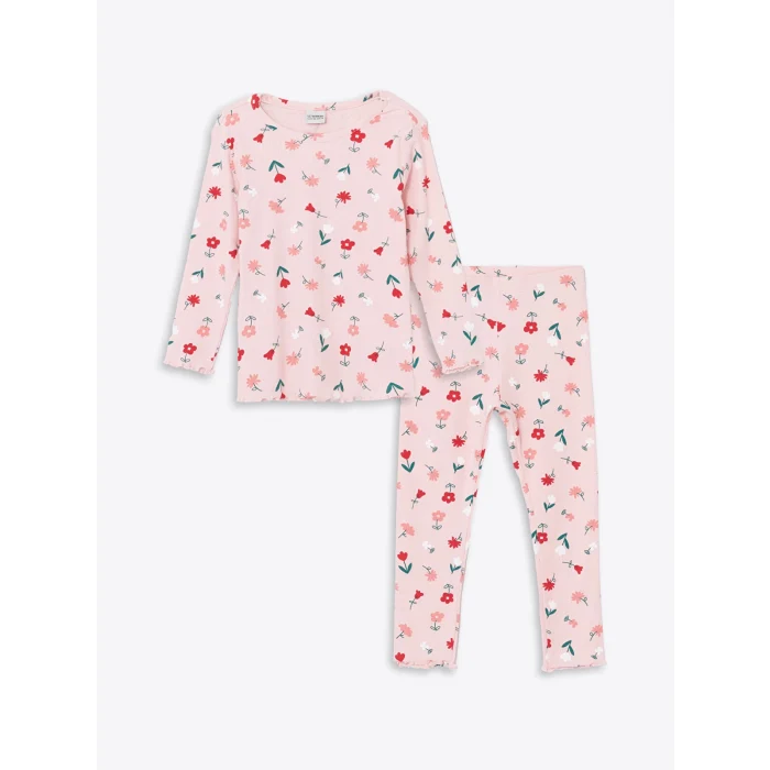 LCW Kids Pembe Bisiklet Yaka Çiçekli Kız Çocuk Pijama Takımı