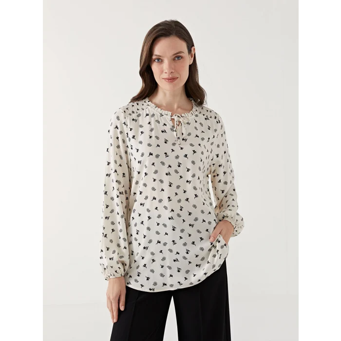 LCW Grace Bej Bağlamalı Yaka Desenli Kadın Bluz