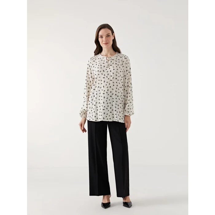 LCW Grace Bej Bağlamalı Yaka Desenli Kadın Bluz