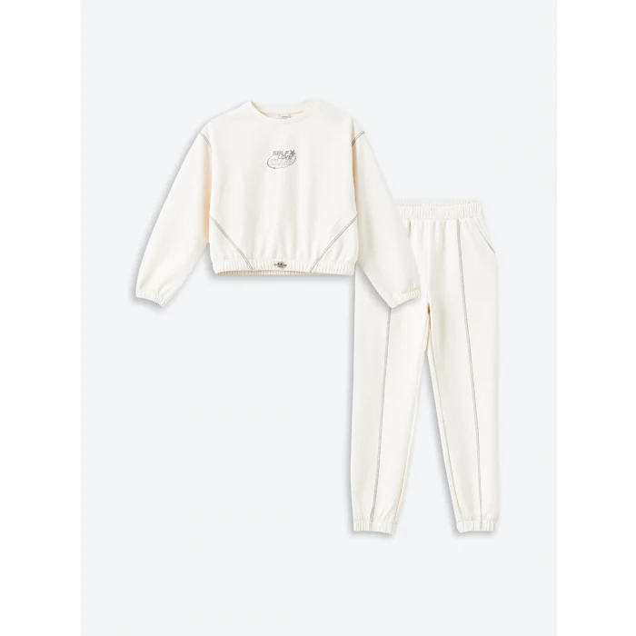 LCW Kids Ekru Bisiklet Yaka Soft Touch Kız Çocuk Eşofman Takım