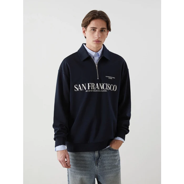 XSIDE Lacivert Polo Yaka Uzun Kollu Baskılı Erkek Sweatshirt