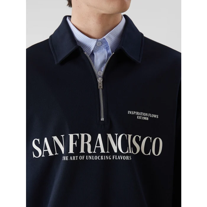 XSIDE Lacivert Polo Yaka Uzun Kollu Baskılı Erkek Sweatshirt