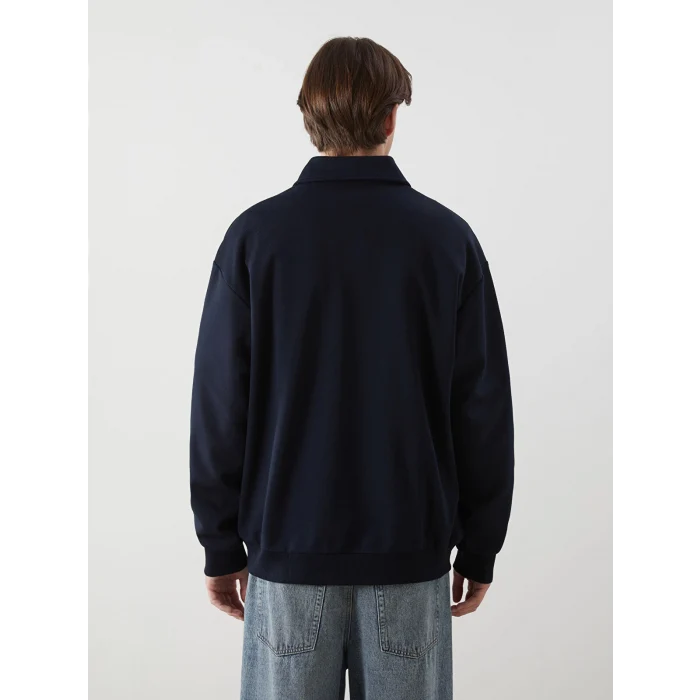 XSIDE Lacivert Polo Yaka Uzun Kollu Baskılı Erkek Sweatshirt