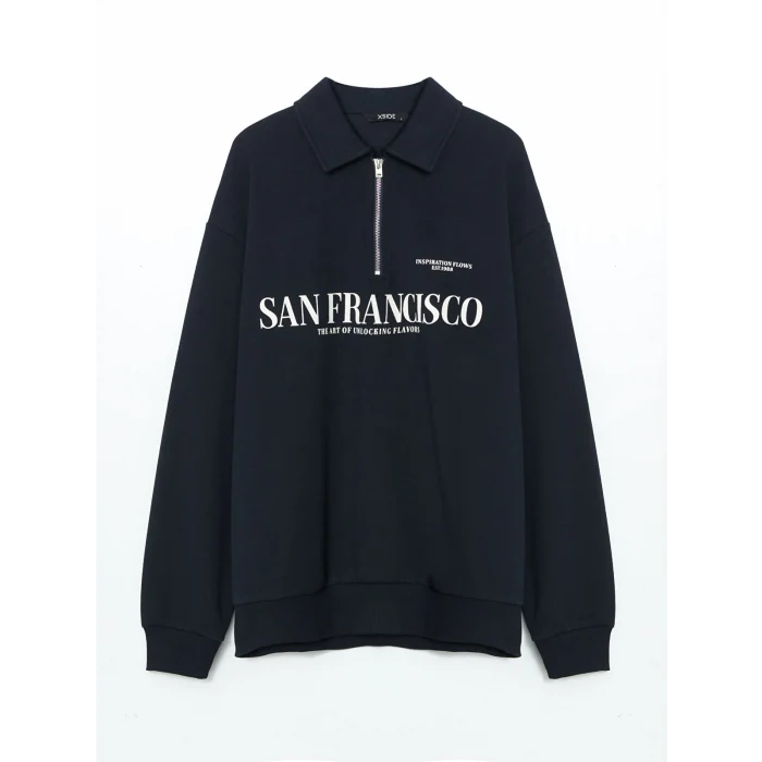 XSIDE Lacivert Polo Yaka Uzun Kollu Baskılı Erkek Sweatshirt