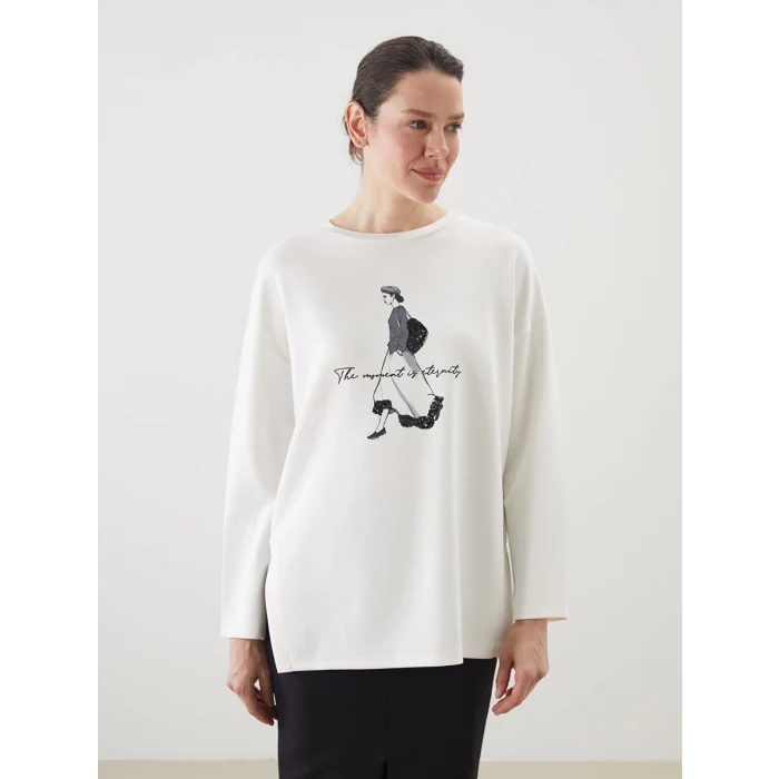 LCWAIKIKI Classic Ekru Bisiklet Yaka Baskılı Oversize Kadın Sweatshirt Tunik